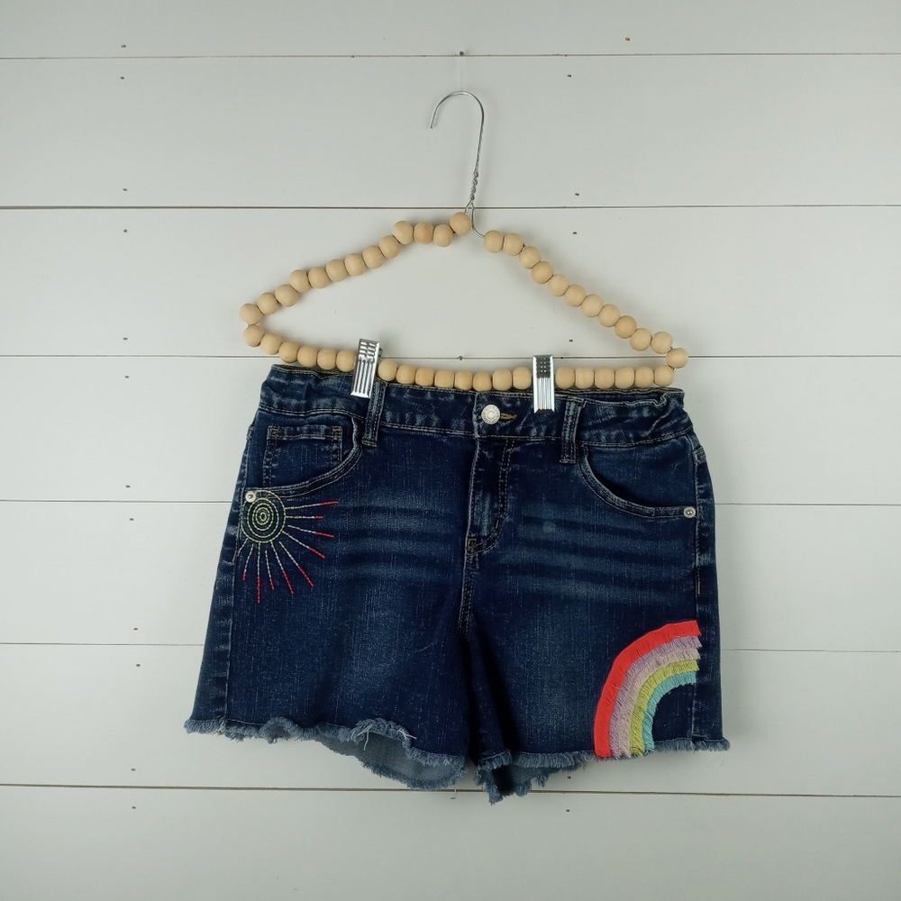 Cat & Jack girls size 14-16 dark wash denim jean shorts with fringe rainbow